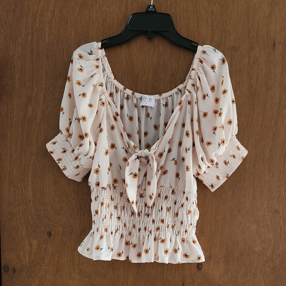 Sienna Sky Cream Puff Sleeve Blouse with Tie Front